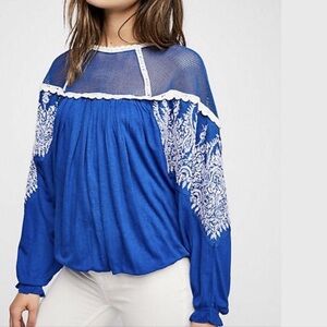 Free People | Carly Linen Blend Embroidered Top In Blue